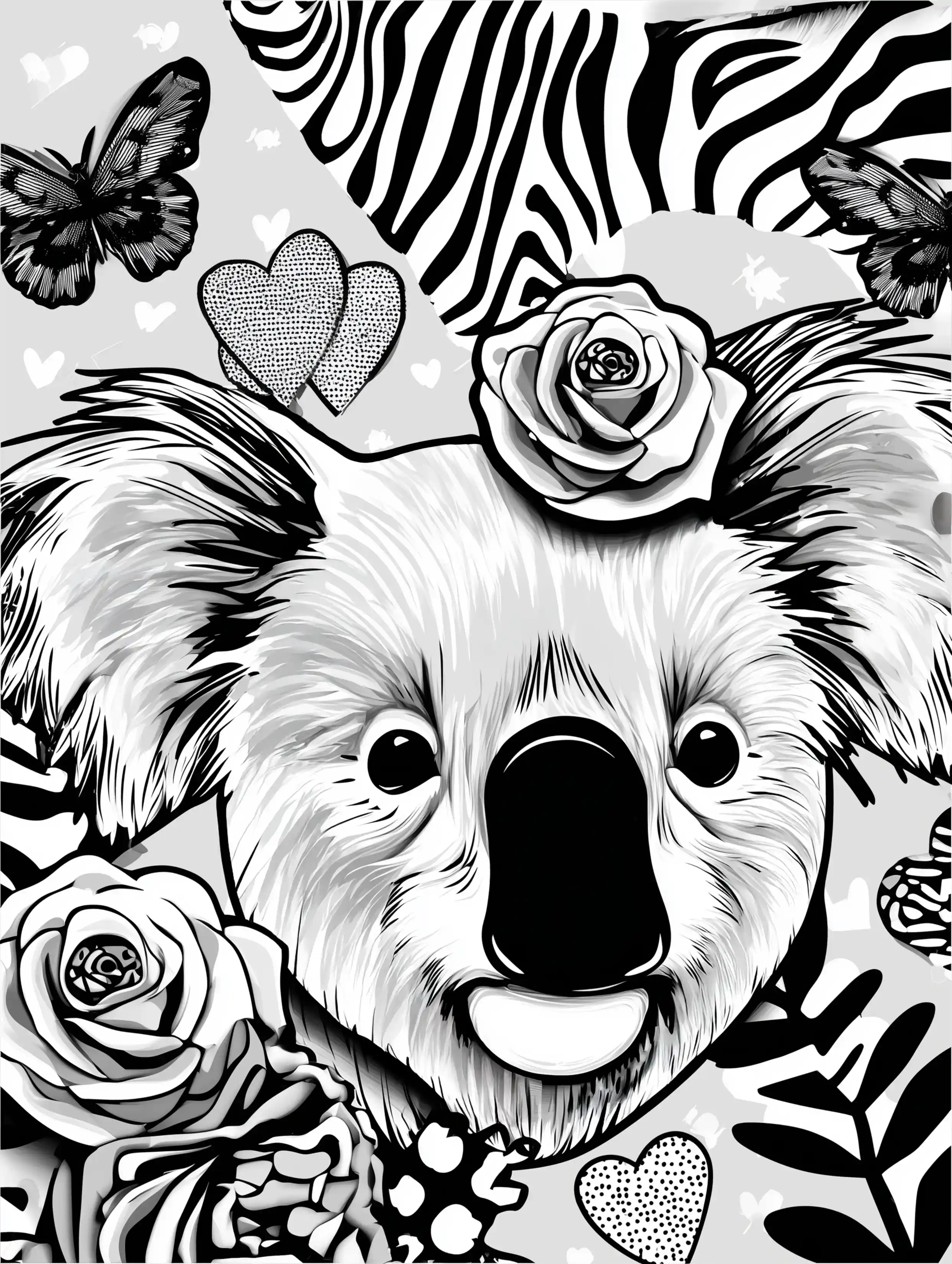 Free printable zoo coloring sheet featuring a koala with zebra print